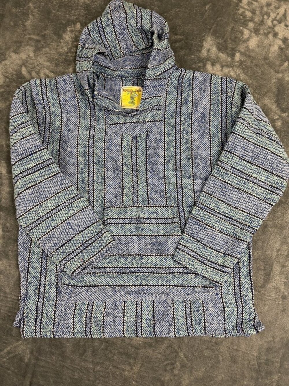 Iguana Jack Baja Hoodie Mexican Pullover Blue Black Striped Mens L